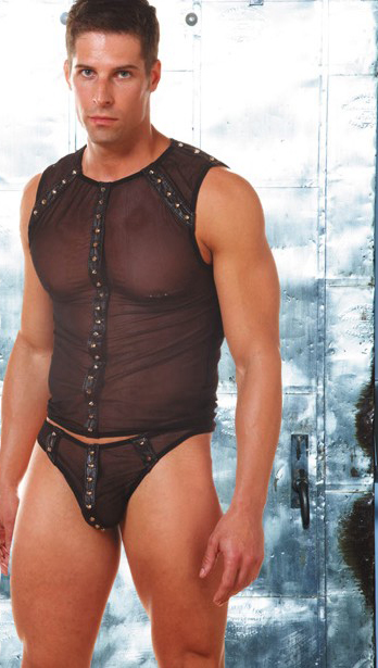 Allure Lingerie Men's Leather and Mesh Top - M