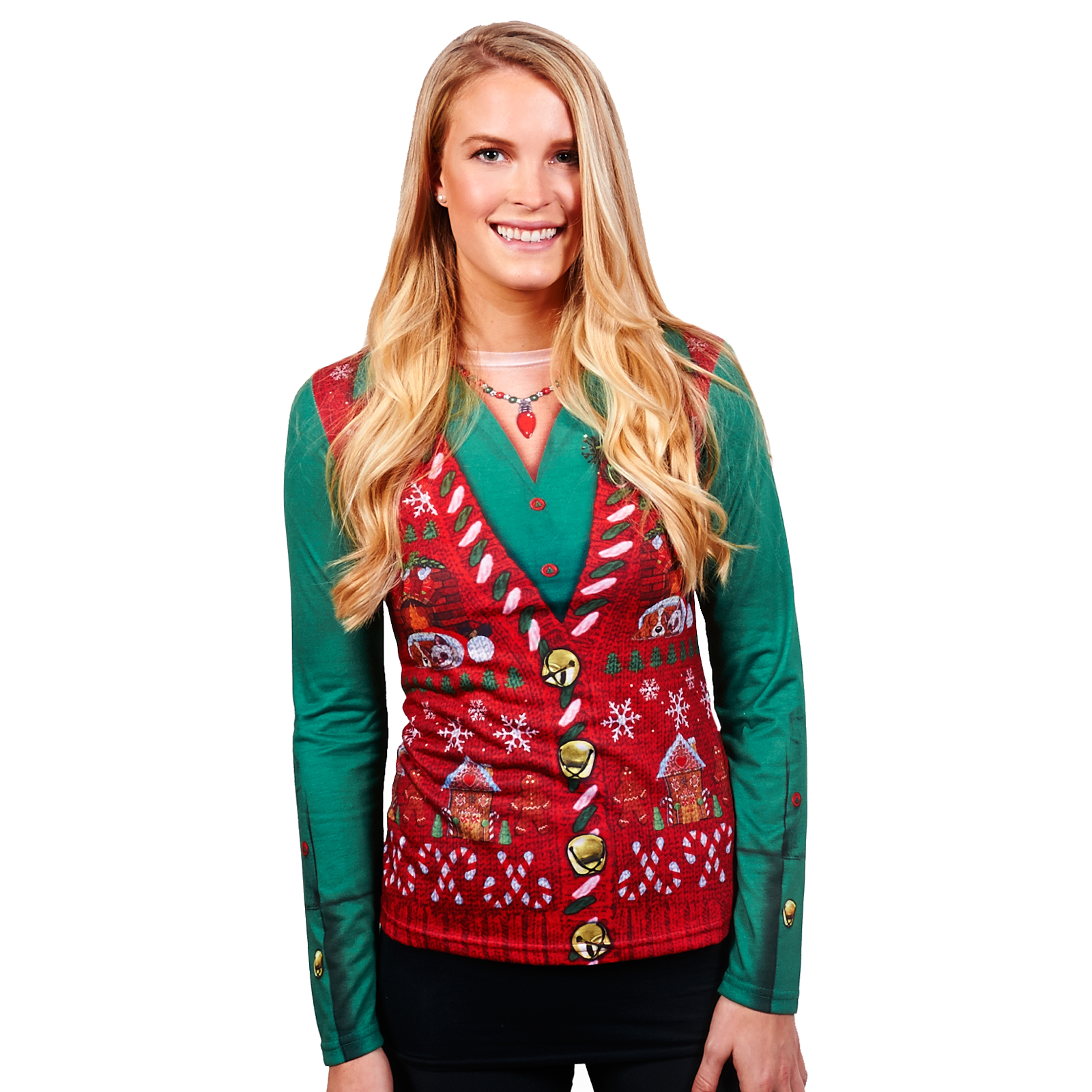 Fauxreal Women's Ladies X-Mas Vest Adult T-Shirt - Multi-colored - Large