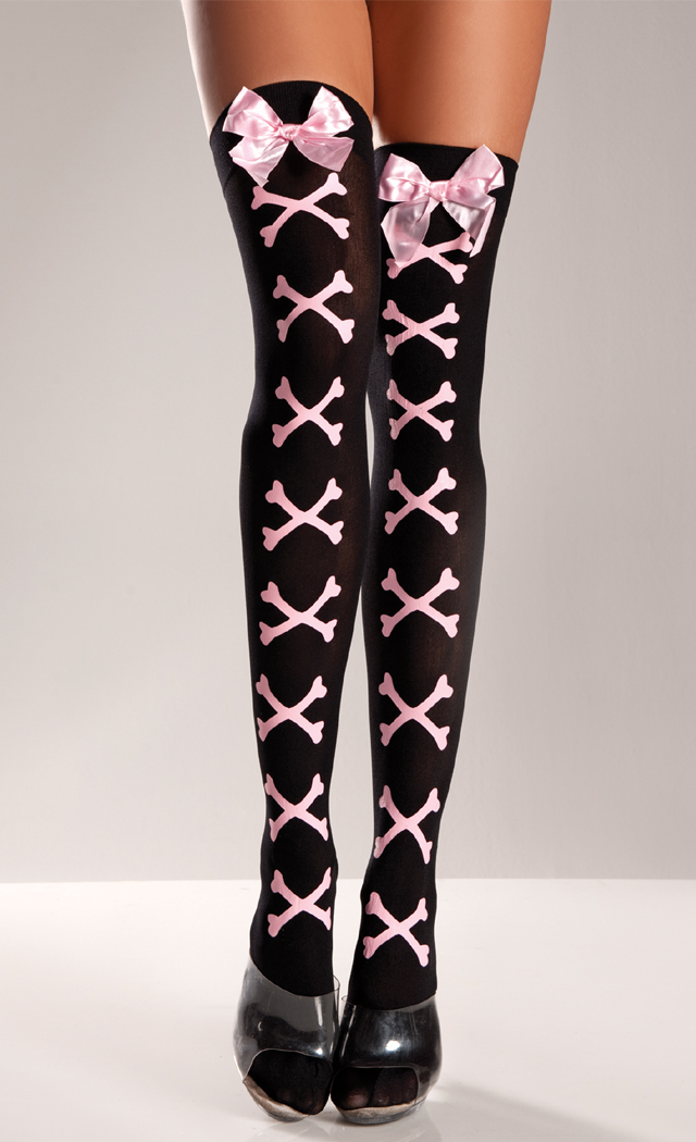 Be wicked Women's Black With Pink Crossbones Thigh High - Black - One Size