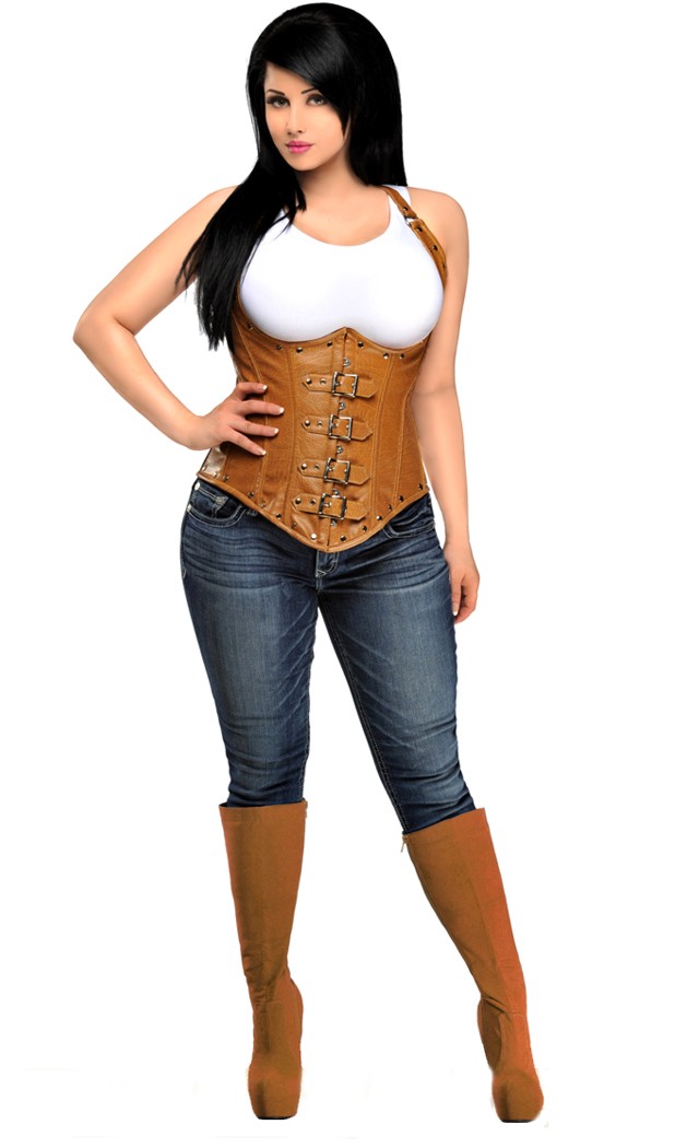 Daisy Corsets Women's Steel Boned Distressed Faux Leather Underbust Corset Top - Camel - L