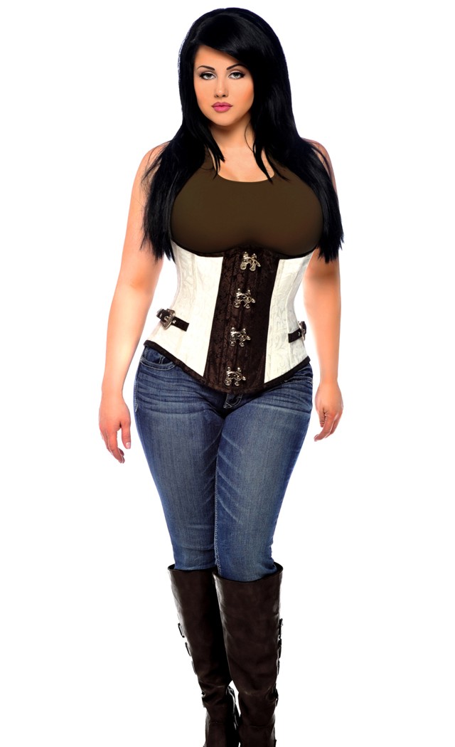 Daisy Corsets Women's Top Drawer Brocade Steel Boned Underbust Corset Top with Buckles - Ivory/Brown - L