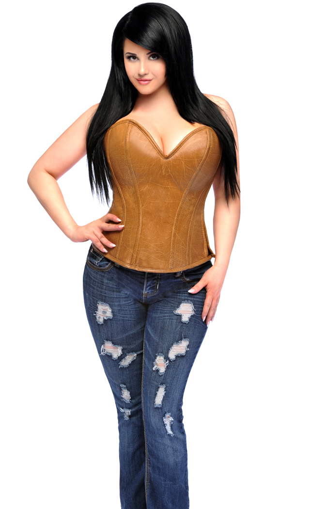 Daisy Corsets Women's Top Drawer Plus Size Camel Distressed Faux Leather Steel Boned Corset Top - Camel - 2X