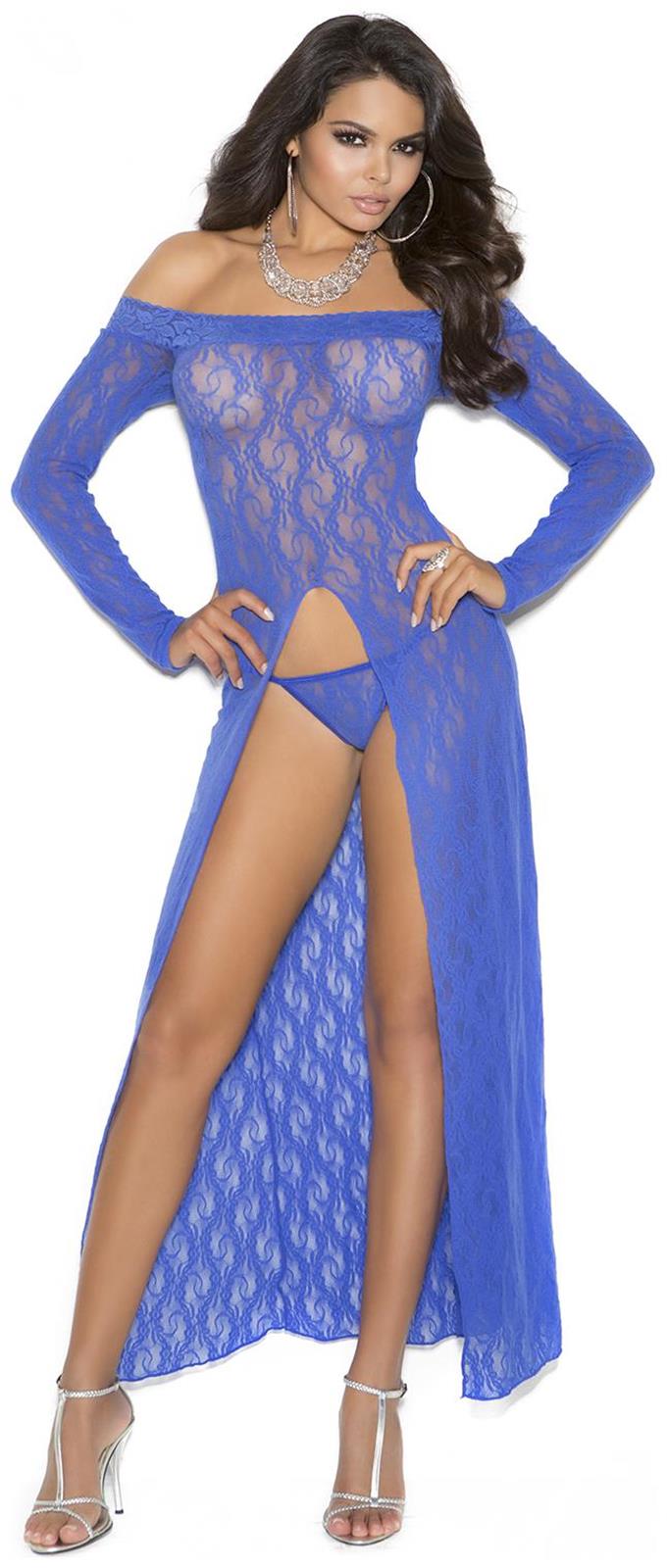 Elegant Moments Women's Long sleeve lace gown with front slit and g-string - Royal - Queen Size