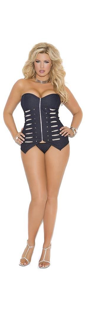 Elegant Moments Women's Plus Size Denim Military Style Corset with Matching G-string - Blue - 40