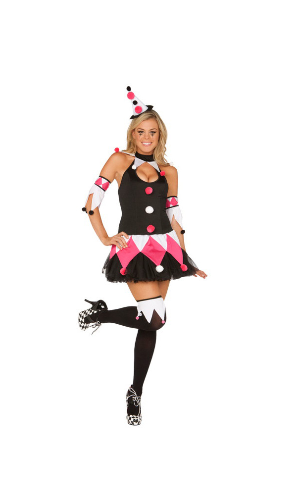 Elegant Moments Women's 4 pc. Court Jester costume - BLACK/PINK/WHITE - L for Mardi Gras