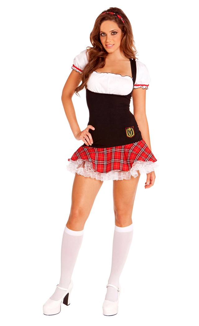 Elegant Moments Women's 2 pc. Frisky Freshmen costume - WHITE/BLACK/RED PLAID - L