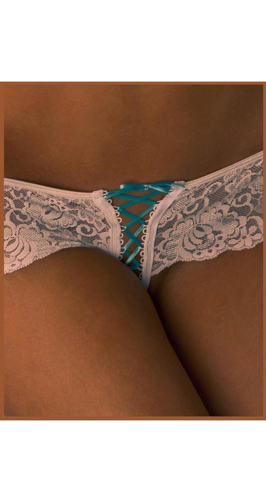 Fearless and Fun (FAF) Women's Stretch Lace Up Thong Panties - White/BlueGreen - One size