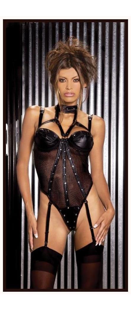 Elegant Moments Women's Leather And Fishnet Black Teddy - 20-22 for Valentines Day