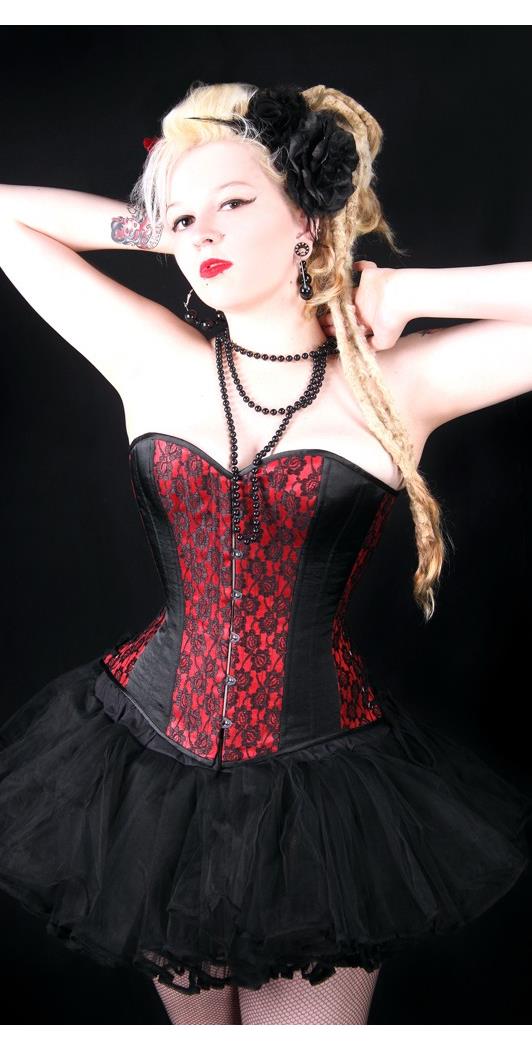 Timeless Trends Women's Red Satin with Black Lace Overlay Overbust Corset - Size32L for Valentines Day