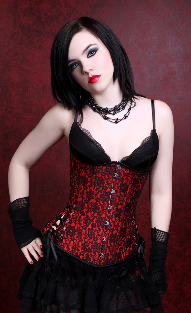 Timeless Trends Women's LONG CUT Scarlet Red Satin with Black Lace Overlay Underbust Corset - Size26 for Valentines Day