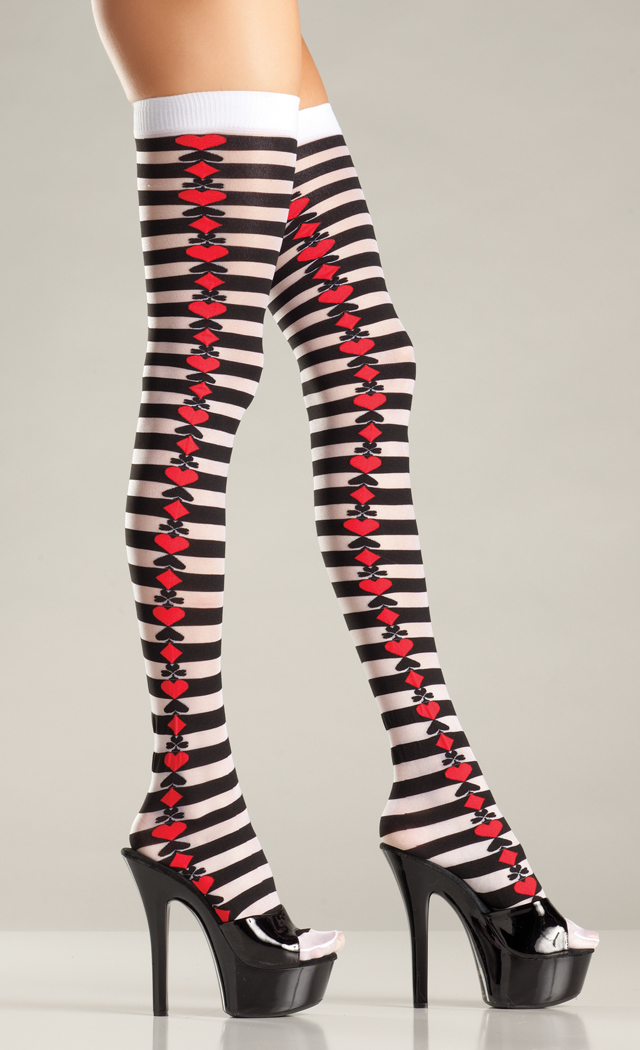 Opaque Striped Thigh Highs with Suits on Side - SpicyLegs.com