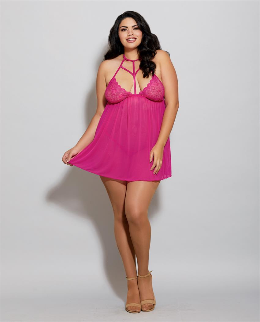 Stretch Mesh & Embroidery Babydoll W-g-string Lavender Sm