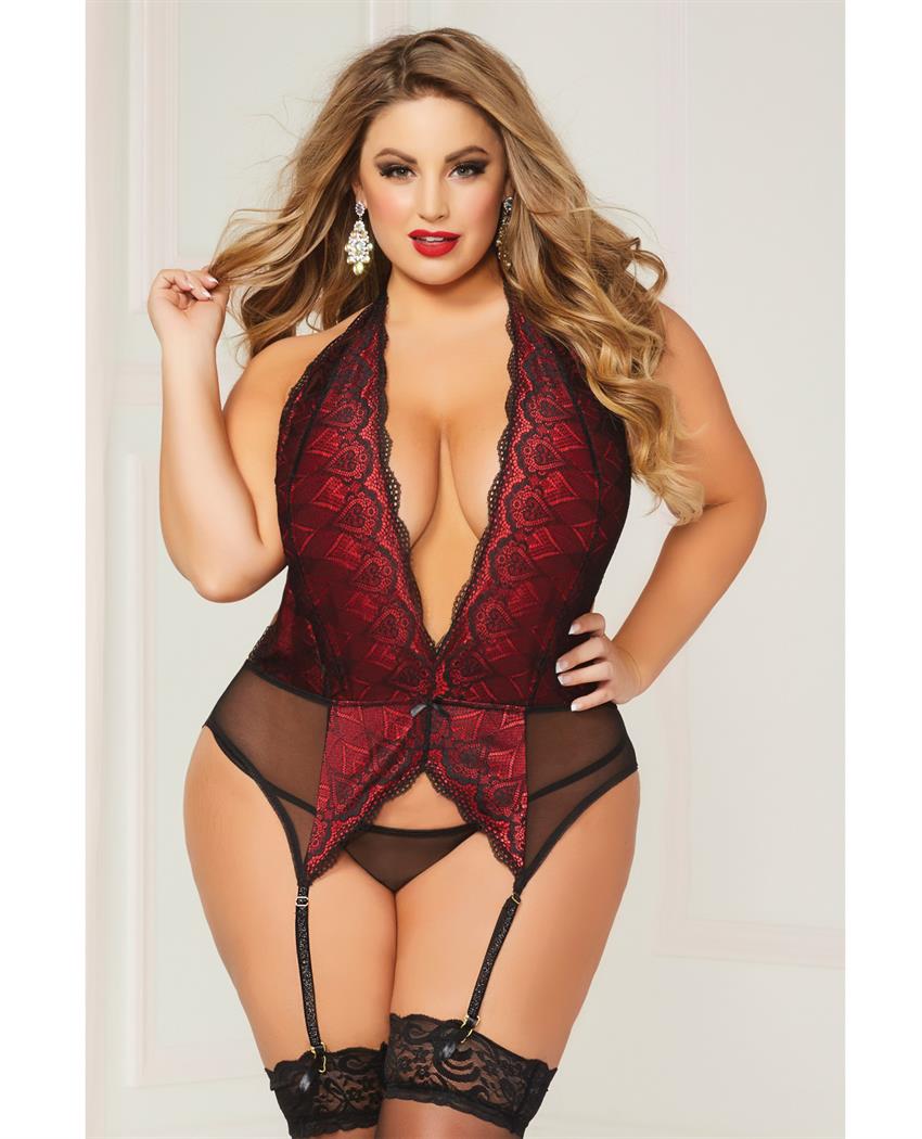 Ultra Violet Lace Strappy Garter Set With Thong and Stockings