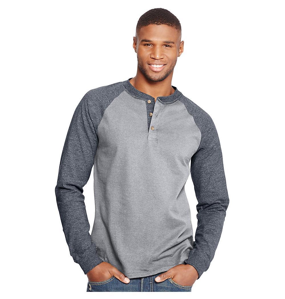 Hanes Men's Beefy-T Long-Sleeve Colorblock Henley - SpicyLegs.com