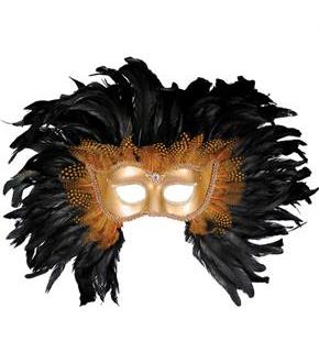 Deluxe Gold And Black Feather Mask