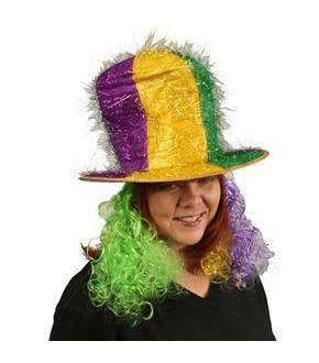 Mardi Gras Tinsel Top Hat with Curly Wig