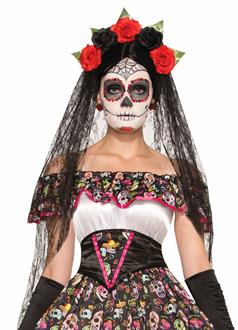 Day of the Dead Black Veil Headband - Adult