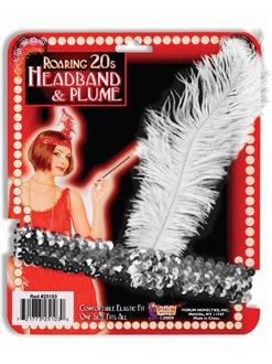 Flapper Headband- Silver With Black Feathers