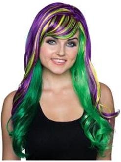Ladies Fancy Purple and Green Mardi Gras Wig
