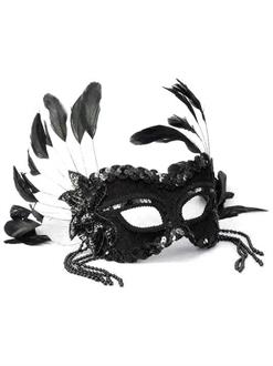 Black Masquerade Mask with Beads & Feathers