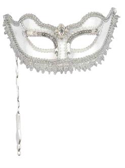 White & Silver Venetian Stick Mask