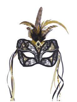 Black & Gold Lace Mask with Feathers