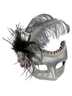 Silver Satin Masquerade Mask with Feathers