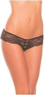 Black crotchless lace brief with hook front closure.