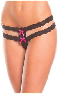 Open gusset double strap lace thong with bow