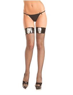 Fishnet thigh highs with vinyl top and police badge detail