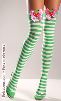 Green And White Striped Thigh High With Strawberry On Bow