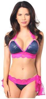 Navy Sequin Pucker Back Bikini w/Fuchsia Lace