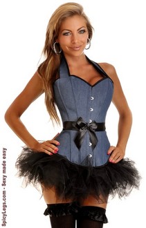 Denim Halter Belted Corset and Pettiskirt