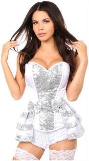 Top Drawer White/Silver Satin and Sequin Steel Boned Corset w/Removable Snap Skirt