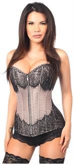 Top Drawer Gunmetal Brocade Steel Boned Corset w/Black Eyelash Lace