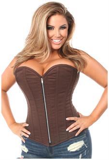 Top Drawer Dark Brown Cotton Steel Boned Overbust Corset w/Zipper