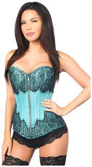 Top Drawer Teal Brocade Steel Boned Corset w/Black Eyelash Lace