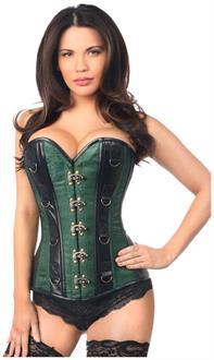 Top Drawer Dark Green Brocade and Faux Leather Steel Boned Corset