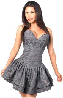 Top Drawer Dark Grey Lace Steel Boned Ruffle Corset Dress