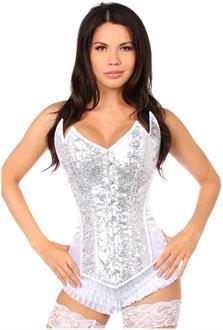 Top Drawer White/Silver Sequin Pointed Top Steel Boned Corset