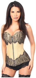 Top Drawer Tan Brocade Steel Boned Corset w/Black Eyelash Lace