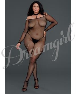 Fishnet Off the Shoulder Bodystocking w/Attached Collar Black