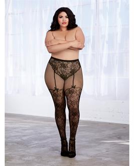 Lace and Fishnet Pantyhose w/Knitted High Waist Lace Panty and Thigh High Design Black