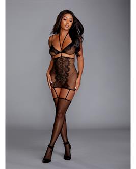 Fishnet and Lace 2 pc Garter Dress Black