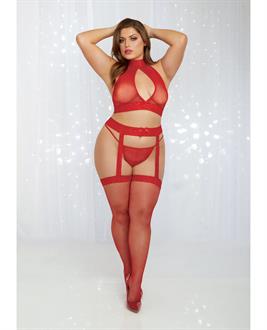 Holiday/Valentines Bodystocking Halter Bralette, Garter Pantyhose and G-String Rouge