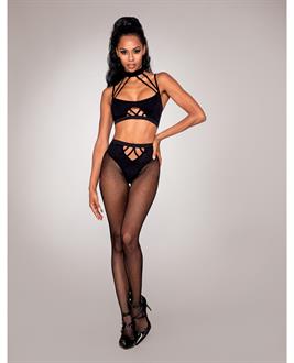 Strappy Bralette and Pantyhose Bodystocking Set Black