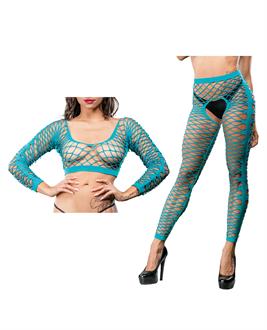Beverly Hills Naughty Girl Crotchless Front Mesh and Side Design Leggings Turquoise