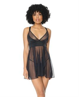Double Slit Sheer Babydoll w/Cage Detail Back and G-String Black