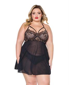 Lace and Mesh Underwire Babydoll w/Thong - Black/Rose Gold