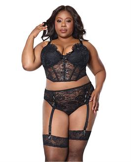 Lace Bustier w/Padded Cups and Gartered Thong Panty 2 pc Set - Black